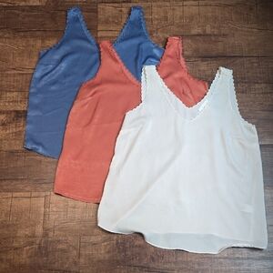 Bundle 3 Lauren Conrad Scalloped Trim Camisoles Cream, Rust Orange & Slate Blue